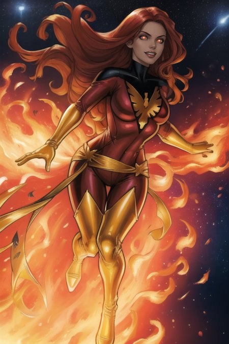 beautiful, (masterpiece:1.2), (best quality:1.2), vibrant, faraway, 1girl, jean-grey, red bodysuit, gloves, evil smile, clenched teeth, (glowing eyes), flying, floating hair, foreshortening, depth, <lora:jean_grey-10:0.8>, space, fire,