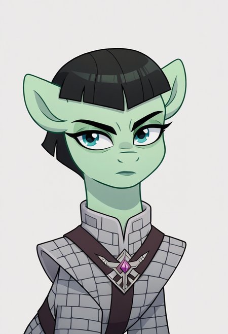 score_8, source_pony, feral, green fur, black hair, 1girl, solo, romulan, romulan female, brow ridge, sharp eyebrows, pointy ears, romulan uniform, simple background, pointed bangs, short hair,   <lora:Romulan:0.7>