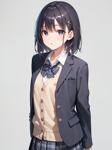 score_9, score_8_up, score_7_up,source_anime, high res image,masterpiece,best quality,(girl:1.0),cute face,clear skin,shiny hair,ultra detailed eyes,simple background, <lora:school uniform cardigan_pony_V1.2:1> school uniform, blazer, cardigan, skirt