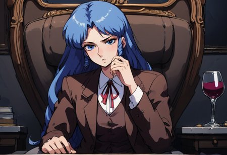 pr0j3ct4K0, score_8_up, score_7_up, source_manga, rating explicit, 1girl, BKO, girl, blue eyes, long hair, blue hair, curled bangs, bored expression, hand on face, brown school uniform, brown jacket, <lora:Project_A-KO_-_1986_OVA_-_Pony:0.9>
inside opulent mansion, sitting in ornate chair, 1man, pov, handing bko a glass of wine