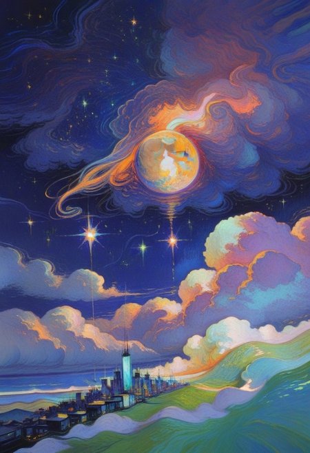 no human , moon , star (sky) , surreal , abstract , swirling cloud , city , 
masterpiece ,best quality ,amazing quality 
 , painterly , brushstroke , oil painting \(medium\) , chiaroscuro , usnr ,swirling brushstrokes ,