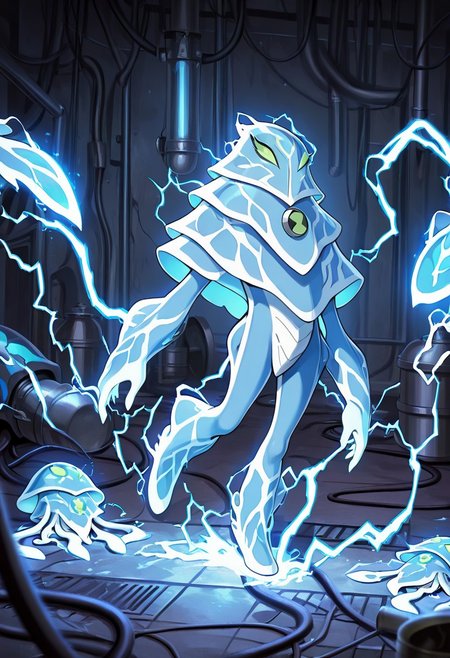 masterpiece, best quality, amazing quality, very aesthetic, absurdres, newest,, detailed background, 
 ampfibian, full body, pokemon (creature), no humans, colored sclera, green eyes, blue skin, tentacles, extra eyes, colored skin, squid, jellyfish,   no mouth, 
LightningBeing, electricity, glowing skin, dynamic pose, sci fi lab, foreground blur, metal pipes, cables, destroyed sci fi lab,