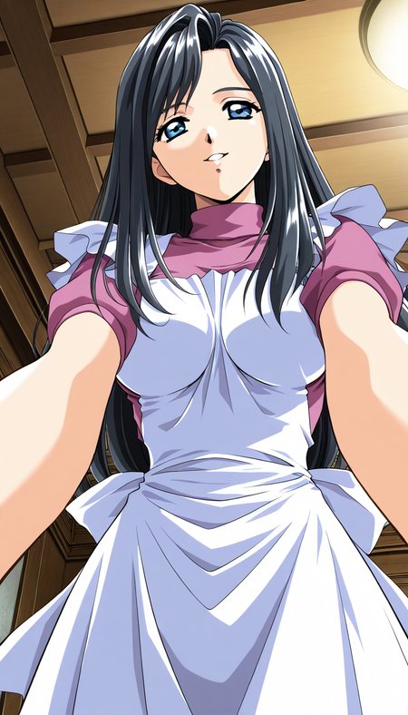 masterpiece, best quality, good quality,  <lora:Nami_Koihime_IS:1>Nami_Koihime, long hair, breasts, black hair, medium breasts,blue eyes, large breasts, 1990s (style)
 1girl, white apron, smile, looking at viewer, solo, indoors, foreshortening, 
parted lips, short sleeves, ceiling, from below, fingernails, pink turtleneck, solo focus,