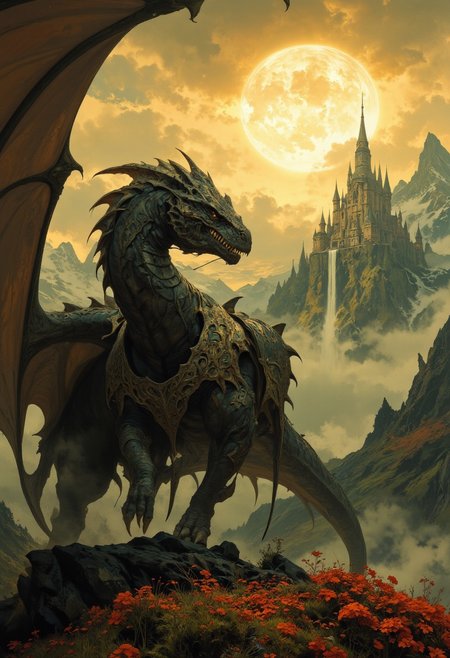 8k high quality digital painting , masterpiece, very detailed, ultra realistic, (best quality) very detailed epic masterpiece, 
unearthly beautiful, a breathtakingly beautiful landscape in the French Alps, in the foreground a shiny knight riding on a black dinosaur-like dragon watches a beautiful castle in the distance, the low yellow-red sun casts long shadows, enchanting landscape, fairytale-like, calm mood, flowers in the foreground, realistic