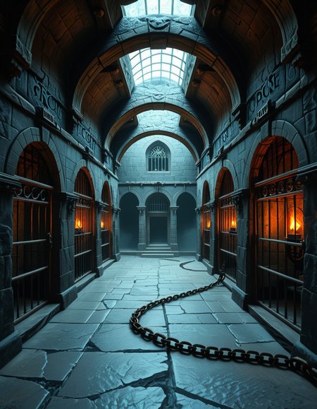 Deep within the necromancerâs fortress lies the Cell Block of the Damned, an endless crypt of imprisonment where no living beings resideâonly echoes of suffering and the restless remains of those long forgotten. The architecture is grotesque and unnatural, a fusion of blackened stone, rusted iron, and calcified bone, as if the walls themselves were formed from the fused remains of the dead. The air is cold, stale, and thick with an unnatural mist that coils like spectral fingers along the cracked floor.
Endless rows of iron-barred cells line the cavernous chamber, their interiors cloaked in unnatural darkness. Some cells contain skeletal figures, shackled in rusted chains, their hollow eye sockets glowing faintly with eerie green or crimson light. Others house shadowy wraiths, their indistinct forms flickering like dying embers, bound by ancient runes etched into the very fabric of the stone. A few cells appear completely empty, yet whispers emanate from withinâechoes of prisoners that no longer exist, but whose agony remains imprinted upon reality itself.
The walls pulse faintly, veins of necrotic energy coursing through their surface, feeding upon the despair and suffering trapped within. Chains dangle from the ceiling, some still swinging slightly as if disturbed by unseen forces. Along the floor, pools of black ichor seep from cracks in the stone, shifting unnaturally as if alive, swallowing anything that lingers too long.
At the heart of the chamber stands a monolithic iron cage, its bars twisted and gnarled, as though shaped by something with no regard for natural law. Inside, a shifting mass of bone, spectral energy, and dark mist writhes in eternal torment, its presence a gravitational wound in reality itself. The cage hums with an ominous resonance, its locks sealed with infernal sigils that glow with unholy fire, ensuring that whatever lurks within remains containedâfor now.
Above, an ancient stone archway looms, inscribed with ever-changing runes that bleed a slow, black liquid. Beyond it, the corridor stretches endlessly, shrouded in a choking fog where shapes move in the distance, watching, waiting. No footsteps ever echo in this place. No voices call out. Only the whispers of the forgotten, the endless creaking of rusted metal, and the sensation that somethingâsomething old, something hungryâis always watching.
This is not a prison.
It is a tomb for souls, a place where the dead are left to fester, to wither, and to become something else.
Style & Mood :
- Dark fantasy, gothic horror, necromantic aesthetics
- Cinematic, highly detailed, eerie lighting
- Infernal atmosphere, filled with shadows, glowing runes, and spectral entities
- Inspired by the works of ZdzisÅaw BeksiÅski, H.R. Giger, and dark medieval occultism
 <lora:SDXLFaeTastic2400:0.4> <lora:extremely_detailed:0.4> extremely detailed,<lora:necromancer_c3ll_bl0ck:1>,necromancer c3ll bl0ck, Masterpiece,best quality,hi res,8k,hi res,8k,award winning,(sharp focus, intricate, highly detailed),