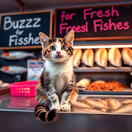 Calico Kitten sitting at counter of a fish store; demanding "Buzz" from customers; the store has a board written "Buzz for Fresh Fishes"