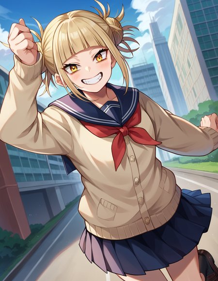 score_9, score_8_up, score_7_up, source_anime,
himikotoga, <lora:himiko-toga-ponyxl-lora-nochekaiser:1>,
himiko toga, bangs, blonde hair, yellow eyes, blunt bangs, hair bun, double bun, messy hair, smile, grin,
skirt, long sleeves, school uniform, pleated skirt, shoes, serafuku, socks, sailor collar, blue skirt, neckerchief, kneehighs, brown footwear, cardigan, black socks, loafers, red neckerchief, yellow cardigan,
outdoors, cityscape,
looking at viewer, cowboy shot, dutch angle, dynamic pose,