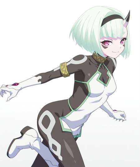 official art, absurdres, highres, anime coloring, hi res, best quality, masterpiece, 2d, intricate details, 4k,
1girl, solo, thick eyebrows, short eyebrows, short hair, bangs, green hair, blunt bangs, blue hair, purple eyes, pink eyes, white hair, hairband, horns, colored skin, facial mark, bob cut, single horn, forehead mark, black hairband, oni horns,
breasts, small breasts, medium breasts, clothing cutout, bodysuit, covered collarbone, claws, boots,
looking at viewer,
depth of field, white background, gradient background, <lora:Coco_Zenibako_ILXL:1>, mato seihei no slave, zenibako coco,
