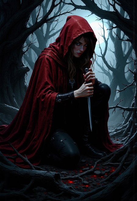 A mature, alluring Red Riding Hood with deep red cloak and hood, crouched low, hiding among dense, dark trees and thick shadows. Her face is partially obscured by the hood, revealing only piercing, cautious eyes. The forest around her is dark and twisted, with gnarled trees and thick, misty fog. Subtle moonlight filters through the branches, casting eerie shadows. She holds a small dagger tightly, poised, prepared, as if sensing danger lurking nearby. The atmosphere is tense and mysterious, with hints of the supernatural in the background.   <lora:FluxMythP0rtr4itStyle:0.8> MythP0rt, <lora:aidmaMJ6.1-FLUX-V0.2:0.6> aidmaMJ6.1, <lora:sxz-Dark-Fantasy-v2-Flux:0.66> drkfnts style,