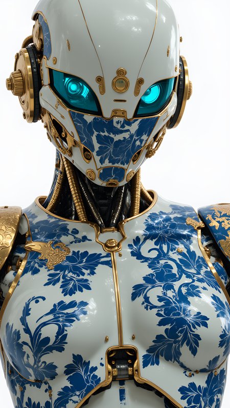 futuristic humanoid robot, depicted from the chest up. The robot's design fuses high-tech construction with classical artistry, featuring a smooth, porcelain-like exoskeleton adorned with intricate cobalt blue patterns. These swirling floral and cloud motifs, inspired by traditional Chinese ceramics, elegantly cover its torso and arms, giving the figure a timeless, refined aesthetic.
Gold accents frame the designâdelicate trim along the edges of the armor and a finely detailed, filigree chest plate and shoulder pads that enhance its regal appearance. The robotâs head is a pristine, glazed white dome with a single, circular blue visor near the top, subtly glowing. Its helmet is sleek and minimalist, reflecting light like polished porcelain, evoking both advanced technology and ancient craftsmanship in perfect harmony. Neon blue lighting.