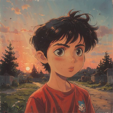 <lora:Vintage_Anime:1>, Portrait, Digital art, rendered in octane of a"The 22yo of Happiness", at Sunset, art by Gary Baseman