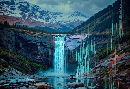 Create a highly detailed, high-resolution image of an hologram projecting an breathtaking scene - a majestic waterfall in a pristine winter landscape. Evergreen trees surround both sides of the falls and the river below ,the water returning to it's serene state after the violent fall from above. Far beyond the waterfall,snow-capped mountains are visible through low clouds.
Vertical glitches where the hologram is failing are showing the circuits behind the image, fragments of neon blue and green circuitry and pulsing blue energy lines reveal themselves. These technological anomalies add an intriguing layer of depth and complexity to the otherwise breathtaking natural scenery.,<lora:flux.1_lora_flyway_Epic-detail_v2:0.8>,<lora:Glitchcore_Flux:1.4>,gl1tchc0re,glitch,glitched,glitched graphic,abstract glitch,glitch texture,<lora:bo-digitalabstract:0.8>,bo-digitalabstract, <lora:Glitch Style:1.2> glitch, flickering, digital, glitch style