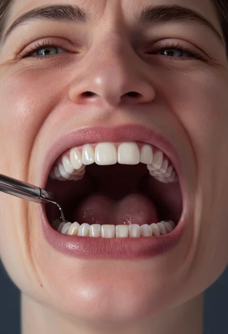 photorealistic portrait painting a person at a dentist, mouth wide open showing detailed teeth, dental mirror in mouth, detailed skin with wrinkles and pores, close-up, face filling the frame <lora:hyperrealism-000103:1>