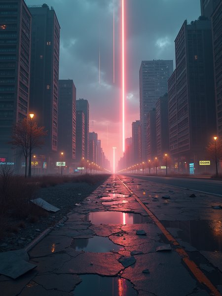 A deserted city with strange lights flashing in the sky and broken code and flickering data fragments on the ground, as if the whole world is on the verge of collapse.