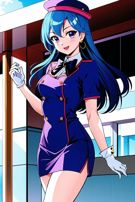 1990s \(style\),

1girl, blue hair, bow, bowtie, breasts, dress, earrings, gloves, hat, jewelry, long hair, looking at viewer, open mouth, purple eyes, retro artstyle, short dress, skirt, smile, solo, travel attendant, uniform, white gloves

<lora:1990s:0.5>