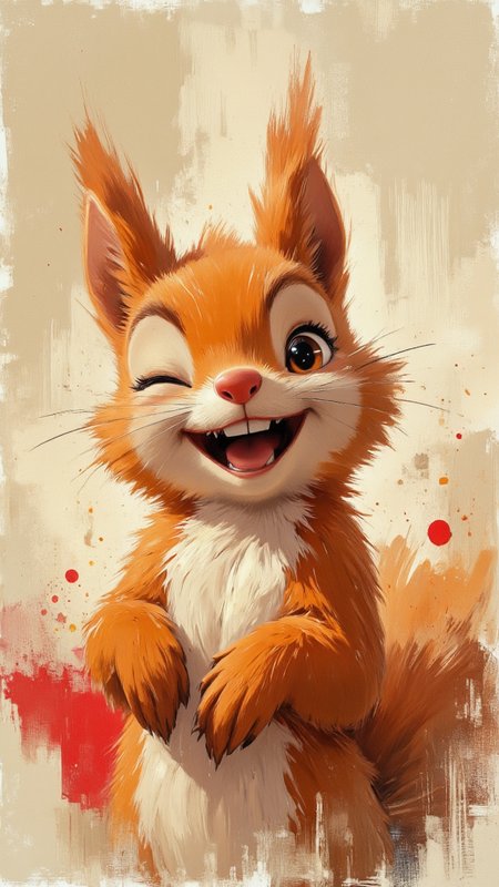 painting featuring an anthropomorphized squirrel, rendered in a whimsical, almost cartoonish style. The squirrel is depicted from the waist up, with a large, expressive face that dominates the frame. The creature's fur is a warm, rich orange with a lighter, creamy white patch on its chest and around its mouth. Its eyes are exaggeratedly large and round, with one eye winking playfully. The squirrel's ears are fluffy and perked up, adding to its comical appearance.The background is a soft, blurred mix of beige and cream tones, with splashes of red and brown paint, giving an impression of an abstract, textured canvas.The overall texture of the image is smooth, with a slightly rough, brushstroke-like quality, particularly around the squirrel's fur and the splashes of paint in the background. The lighting is diffuse, creating a warm and inviting atmosphere. The image exudes a playful, joyful mood, capturing the essence of a happy, expressive creature in a whimsical and colorful setting.,aidmaimageupgrader, aidmaMJ6.1, <lora:aidmaMJ6.1-FLUX-v0.5:0.7> <lora:aidmaImageUprader-FLUX-v0.3:0.4> <lora:FLUX_fantasy_Styler_2_64:0.7>