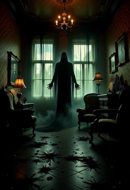 Art Deco Hotel room visited by a ghost, creepy, haunted.
Dark,mysterious,haunting,dramatic,ornate,detailed