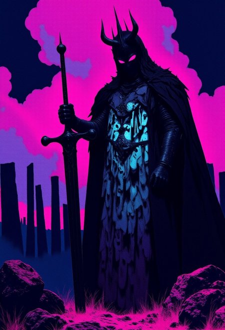A surreal, multi-layered portrait of an evil gothic knight, composed from four translucent stencil-like layers. Each layer appears chaotic, with randomly cut-out shapes and fragments — eerie symbols, fragments of armor, thorny vines, skulls, and hollow eyes. When stacked, they reveal the dark and powerful figure of the knight in jagged black armor, a torn cape, and a helmet blending into the shadows. The color palette is deeply desaturated with black, charcoal, rusted steel, and hints of dried blood. The knight stands ominously against a dark, ghostly backdrop, the mood enhanced by the layering effect. In front, an atmospheric, moody landscape with towering obelisks beneath a translucent sundawn, billowing clouds framing the scene. The composition feels unholy and haunting, as though the knight's essence exists only through these layers of shadows and voids. sref3840648xx5391, vibrant digital painting, ethereal, surreal style of bright, clashing colors