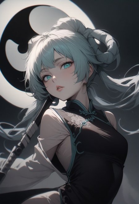YohkoMano,1girl,solo, hair rings,long twin tails, aqua eyes, yin yang,chinese clothes,weapon,china dress, lips, thin lips, parted lips, solo, looking at viewer, camisole, masterpiece, best quality, very aesthetic