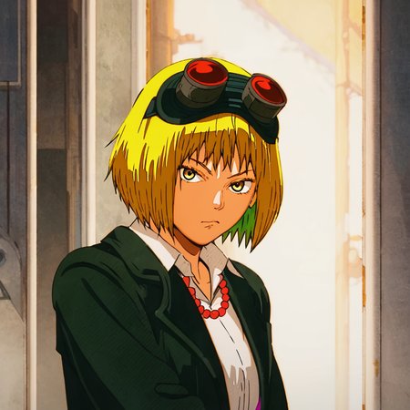 Gumi, Gumi Megpoid,  solo, looking at viewer, short hair, blonde hair, shirt, jewelry, closed mouth, jacket, yellow eyes, upper body, necklace, goggles, goggles on head <lora:Gumi-000005:1>
