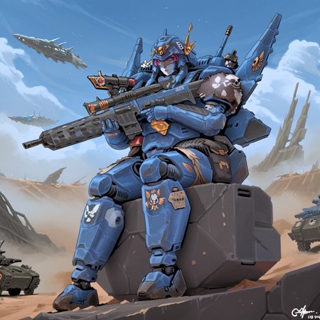 safe_pos, uaf-character, |||, helmet, holding weapon, day, cloud, rifle, gun, military vehicles, mecha musume, assault rifle, mecha, concrete, city,windows, robot leg, robot arm, airplane, tank, sitting on the tank holding gun, 1girl, sky, outdoors, weapon, robot, holding, uaf_neuko, 80swa, Expressiveh, score_9,score_8_up,score_7_up,  8k, hd , ultra realistic, hyper realistic, detailed face, natural huge breasts, beautiful woman's face, <LoRA: uafPortraits-000110>, <LoRA: uaf Wt: 1>, pureerosface_v1, (PureErosFace_V1:0.8), load bearing vest, sling, power armor, space marine, blue and grey armor, predtank