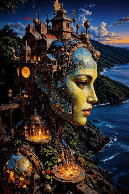 (megastructure) Citizen of Seychelles beautiful landscape,  evening, woman, intricate, very detailed, sharp, colorful, multilayer paint, <lora:Hand v2:1> <lora:Anti-Blur:1> <lora:Insane Detail Slider:0.5>   <lora:Flux.1_Turbo_Detailer:0.6> <lora:flux-photo-transparent_Alpha_1.0:0.8> <lora:flux.1_lora_flyway_Epic-detail_v2:0.6> <lora:Painterly01b_CE_FLUX_AIT:0.8> pntrlyCE_style, <lora:VividlySurreal:0.8>