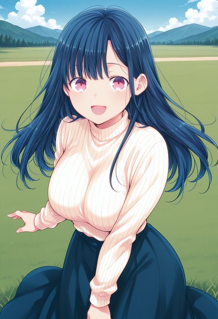 kanemochi_shori, pink eyes, purple eyes, blue hair, long hair, bangs, turtleneck, white sweater, ribbed sweater, long skirt, blue skirt, <lora:kanemochi_shori_illustrious_ver1:0.8> 
smile, open mouth,, masterpiece, best quality, sensitive,, 1girl, solo, blue sky, (grasslands:1.2), looking at viewer,, (cowboy shot, dynamic pose:1.4),
