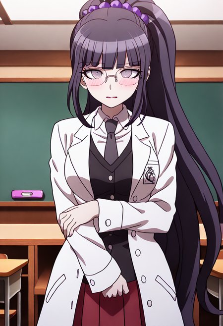 (((solo))),masterpiece, best quality, very aesthetic,  modern, modern anime, latest, best_quality, long shot , grateful expression , <lora:Mikako_Kurokawa_Illustrious:1>, This is an anime screencap from Danganronpa 3. Mikako Kurokawa wearing a long white lab coat with a dark gray tie. She also wears a red skirt. She's wearing glasses. Her unkempt black hair is pulled back into a ponytail with purple bead scrunchie. Her breasts are large. She's wearing a black vest under her white lab coat. Mikako Kurokawa performs an emergency exorcism in the school cafeteria. She holds up a sacred mirror while spectral chains emerge from it, binding a dark presence that looms over the salad bar. Her expression remains characteristically calm despite the chaos.