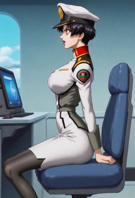 score_9, score_8_up, score_7_up, zPDXL3, Expressiveh, source: anime, anime screencap, anime coloring, natarle, 1girl, solo, blue sky, purple eyes,black hair,short hair, purple lips, perfect face, detailed face, perfect lips, ultra-detailed eyes, detailed hair, (perfect anatomy, perfect proportions), large breasts, ultra-narrow waist, ultra-fit figure, ultra-flared hips, ultra-round ass, butt crack, tight ass, shapely legs, peaked cap, military uniform, skirt, pantyhose, boot, indoors, detailed backgrounds, science fiction, naval warship interior, modern warship, command bridge, sitting in captain's chair, leaning back on chair, sci-fi consoles, crew in background, shouting orders, grasping the edges of her seat, determined, expressive, focused, looking forward, focus on face, viewed from side