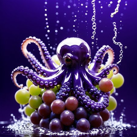 octopus tentacles made of grapes, splash water, flashing particles, depth of field, violet background, made from grapes