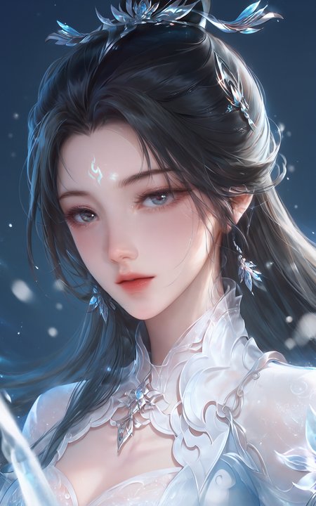 score_9,score_8_up,score_7_up,
<lora:luxueqi2486Pony:1>,luxueqi,appearance,1 female character,long black hair,facial marking on forehead,single hair bun,neutral expression,closed lips,upper body view,front view,minimalist background,plain white background,charming posture,slender waist,navel,light blush,blush,glamor,hair tucking,in winter,snow,ice,blue background,light particles,light effects,soft glow,shimmering snowflakes,ethereal atmosphere,delicate lighting,beautiful and captivating scene,hair blowing in the cold wind,individual strands of hair obscuring her lovely face,