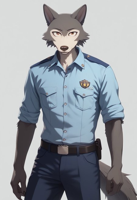 anthro furry male wolf Legoshi,slim body,boy,men, solo, portrait,((male Japanese Summer Police Uniform,light-blue collared shirt, rank slides,short sleeves,sleeves rolled up,dark blue pants,Walkie-Talkie)),((gray fur)),standing,skinny, looking at viewer, fur body,realistic style, (simple background,complex background,sexy pose,wolf tail,cartoon eyes,score_9,score_8,score_7,score_8_up,score_7_up,score_6_up,
