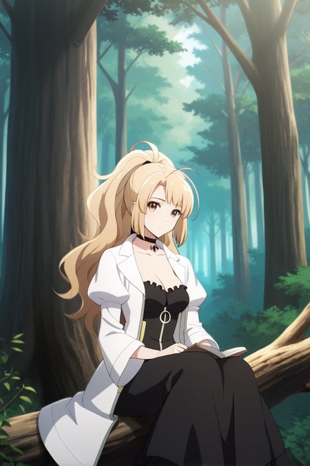 <lora:lorraine_vivie_NFB_illus:1>Japanese girl, lorraine vivie, before story, 1girl, solo, long hair, blonde hair, holding, brown eyes, sitting, ponytail, ahoge, outdoors, choker, tree, nature, forest, black frill dress, white jacket, looking at viewer, sitting on the dead tree, <lora:Add_more_details_pony:0.8>