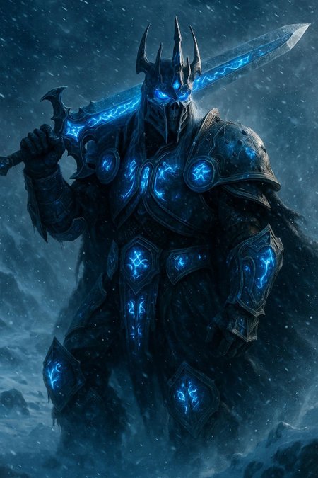 A hyper-realistic 8K photograph of the Lich King from World of Warcraft, standing in the midst of a fierce ice storm within a frozen landscape. He is clad in intricate, dark armor adorned with glowing blue runes that shine brilliantly, illuminating the swirling snow and ice shards around him. His menacing horned helmet is accentuated by the radiant blue light. The Lich King wields a massive, rune-etched sword, resting it on his shoulder—the sword’s runes and edges emit an intense, vivid blue glow, casting reflections on his armor and the snow. Dramatic, cinematic lighting highlights the gleaming blue elements and enhances the textures of his armor. The raging ice storm engulfs the scene, with windblown snow and ice crystals swirling violently in the air. The image is captured in sharp focus with vibrant, contrasting colors, emphasizing the epic, otherworldly atmosphere.
