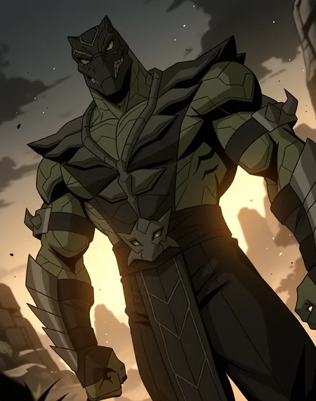<lora:Reptile_(Mortal_Kombat_Legends_Scorpion's_Revenge)_(Illustrious)_(AD):1> Reptile_MK, muscular, Mortal Kombat, 
dutch angle, exterior, monumental architecture, wasteland, dark night sky with black clouds, mountains, ancient Asian stone ruins, 
male focus, gradient coloring, villain, cowboy shot, hyper muscular, 
BREAK very awe, aesthetically pleasing, masterpiece, best quality, amazing quality, very aesthetic, perfect depth of field shot, in'ei, source_furry, furry_art, 
Smooth Quality, lazympos, IllustQualXL_Pos,