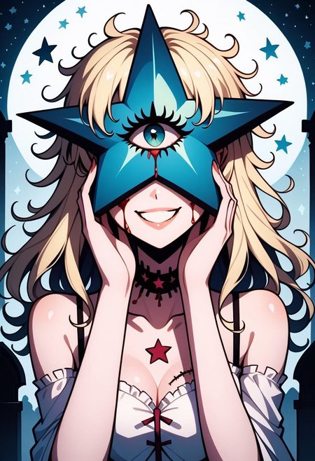 score_9, score_8_up, score_7_up, masterpiece, best quality, medium shot, beautiful mostrochan, blonde, long hair, messy hair, blood-injected eye, medium shot, sexy smile, sexy lips, body stitches, touching face, star-shaped face, cemetery, spooky night background