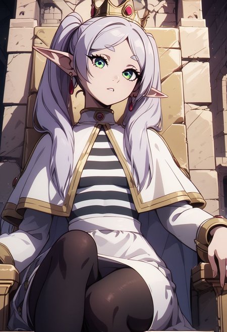 score_9, score_8_up, score_8, medium breasts, (curvy), cute, eyelashes,  rating_safe,
BREAK, 
zzFrieren, long hair, twintails, green eyes, grey hair, pointy ears, elf, shirt, long sleeves, jewelry, earrings, striped, capelet, striped shirt, white skirt, black pantyhose,
BREAK, 
head tilt, sitting on throne, huge throne, oversized throne, ruins, 
abandoned castle, crown, pearl necklace, 
zPDXL,
