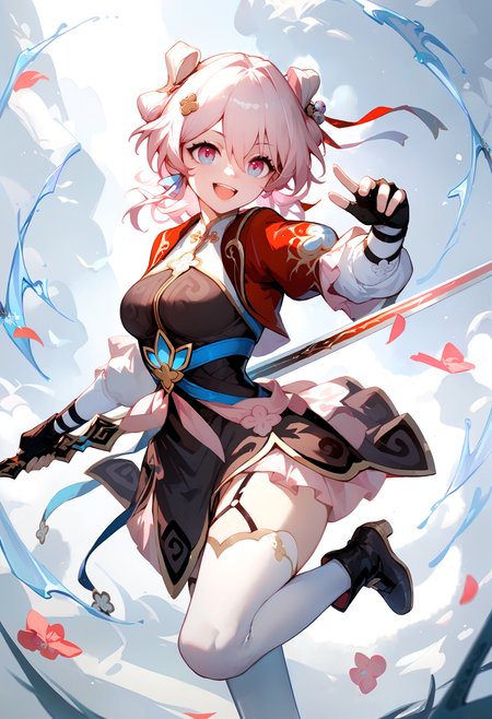 (score_9, score_8_up, score_7_up), 1girl, march7th \(hunt\), double bun, fingerless gloves, white legwear, black boots, holding sword, smile, open mouth, standing on one leg, <lora:march7th-strPO-v1AR:0.9>
