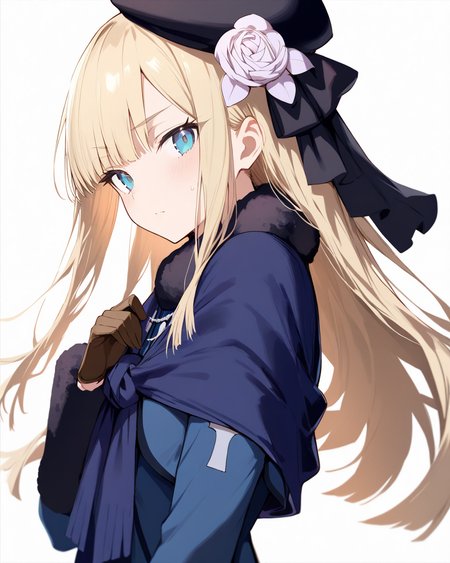 1girl,
ReinesElMelloiArchisorteFateGrandOrder,
safe, solo, dutch angle, upper body,
blonde hair, long hair, blue eyes, sidelocks, blunt bangs, straight hair,
hat, hair flower, fur collar, blue capelet, blue jacket, long sleeves, fur-trimmed sleeves, gloves, blue dress, black pantyhose, ankle boots
simple background, white background,
depth of field,
<lora:kp_ReinesElMelloiArchisorteFateGrandAnimagineXL_v1_0:1.0>,
masterpiece, high score, great score, absurdres