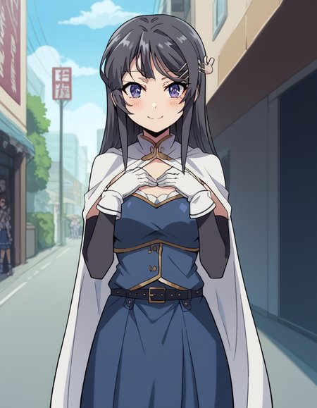 score_9, score_8_up, score_7_up, source_anime, maisakurajima, <lora:mai-sakurajima-s1-ponyxl-lora-nochekaiser:1> mai sakurajima, long hair, bangs, black hair, hair ornament, purple eyes, hairclip, rabbit hair ornament, medium breasts,, <lora:miki-sayaka-cosplay-ponyxl-lora-nochekaiser:1>, miki sayaka cosplay, miki sayaka (cosplay), belt, black sleeves, blue skirt, cape, cosplay, dress, gloves, gem, skirt, sleeveless, sleeveless dress, white cape, white gloves,, streets, outdoors, smile, blush, hands on own chest, cowboy shot, looking at viewer,