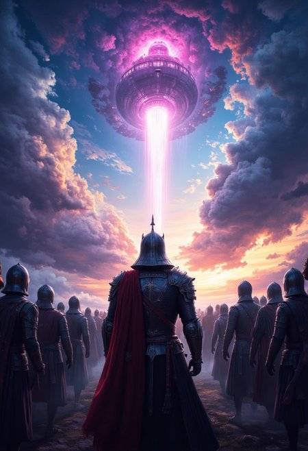 First person view of a medieval warrior standing in a crowd of other knights. The crowd of knights looks up at the sky at an approaching spaceship with a pink glow. Surreal epic clouds in the sky, vibrant colors, atmosphere of uncertainty and hopelessness.. Sci-fi, hopeless, despair. midjourneyv6.1, detailmaximizer