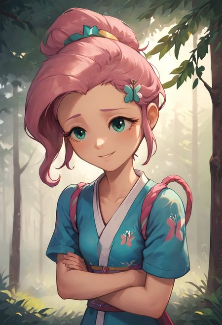 SFW, rating_all, score_10, score_8_up, score_7_up, Equestria girls, (((human))), 1female, (((solo))), (((extreme closeup shot))), (((Fluttershy) cosplaying) as Ayame), short hair, bangs, (pink hair), hair ornament, sidelocks, hair bun, (aqua eyes), kimono, single hair bun, hair stick, sly expression, proud smile, ((lifting aqua-colored gem the size of a hand)), detailed, vector, flat colors