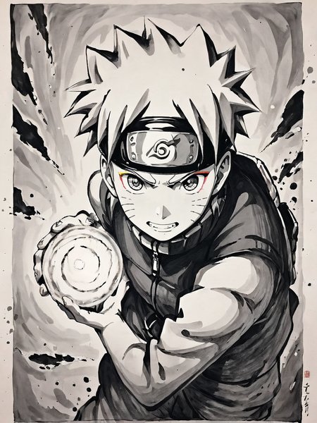 <lora:xl_shuimo-000012:1>,ink wash painting style,1boy,male focus,solo,forehead protector,monochrome,uzumaki naruto,ninja,konohagakure symbol,spot color,traditional media,greyscale,whisker markings,grin,looking at viewer,energy ball,smile,spiked hair,holding,facial mark,
