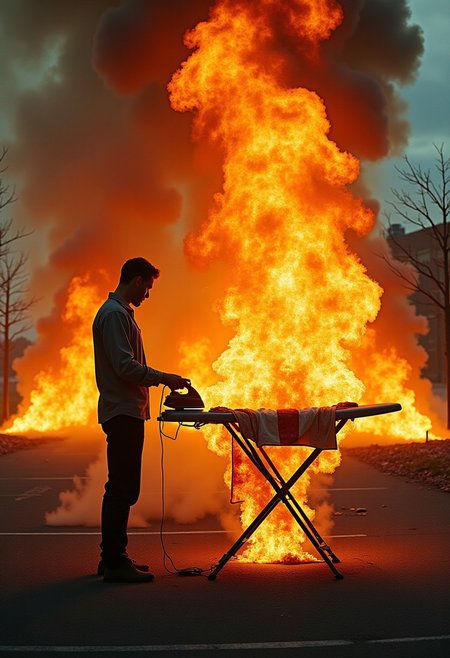 anm-onfire photo. burning fire flames, in a deserted parking lot in daytime. a man standing next to an ironing board, irons a shirt and is burning extremely detailed, yellow flames and orange flames erupt from the ironing board and the man. ideal for wallpaper art realistic movie scene