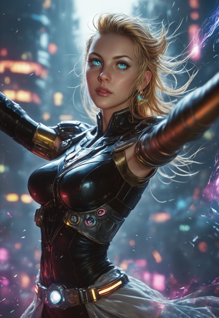 A highly detailed, realistic photo of an incredibly beautiful Caucasian woman standing boldly in a futuristic, cyberpunk cityscape. She has long, wavy golden hair that flows dramatically behind her, and her deep blue eyes gleam with determination and strength. Her fair skin is smooth and luminous, with a natural, healthy glow. She is dressed in a sleek, form-fitting cybernetic armor that accentuates her extremely voluptuous bustline and well-toned, athletic physique. The armor is adorned with glowing neon accents, highlighting her hourglass figure and powerful stance. She holds a futuristic, high-tech energy rifle, ready for action. Behind her, the city is a blend of towering neon-lit skyscrapers and ancient, mystical ruins, creating a unique fusion of cyberpunk and fantasy elements. The sky is filled with holographic advertisements and flying drones, while the air is thick with the scent of ozone and magic. The woman's expression is fierce and focused, as if she is prepared to face any challenge that comes her way
((standing, upper body shot, pose variation:1.5, alternate pose:1.5))
 (8k uhd:1,4)
 <lora:Dynamic Poses:1>
 <lora:detailed_notrigger:1>