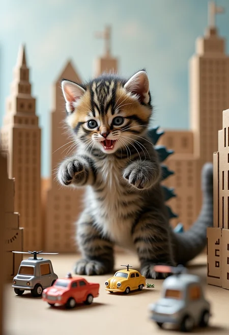 A tiny, chubby kitten dressed in a Godzilla costume stomps playfully through a city of miniature skyscrapers made from cardboard. The kitten is batting at toy helicopters and tiny cars with its fluffy paws, while its oversized costume tail knocks over buildings in the most adorable way.