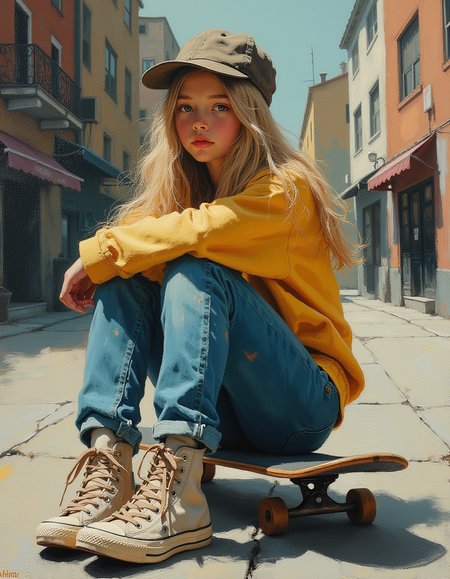 A oil painting of a retro image of a blonde young teen girl. she is sitting on a skateboard on the side walk, wearing high top shoes and worn jeans. she is also wearing a flat bill hat backwards. type of art is street art.
Focus on the girl, painted by John Singer Sargent, Rembrandt lighting, brush stroke, focus on the girl, del1cate_balance style, novuschroma, in the style of Rembrandt. vantablack <lora:style_of_Rembrandt_FLUX_135:.8> <lora:- Flux1 - vanta_black_V2.0:.3> <lora:Delicate_Balance:.3> <lora:113_novuschromaFLX_1:.2> <lora:neeeg_f1:-1>