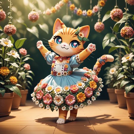 score_9, score_8_up, score_8, source_furry,
slimes_flowerwm,
1girl, solo, (cat:1.05), cute, heart pupils, smug, tail, standing, dancing,
blurry background, dress made of flowers,
sunny meadow background, 
pikaole