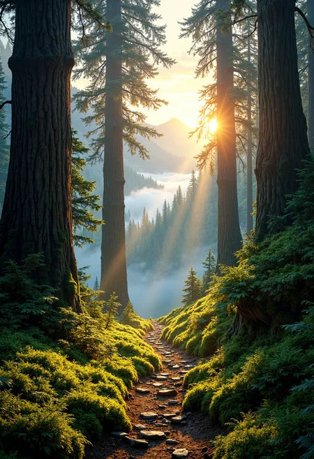 Generate a highly detailed high-resolution photo of an ethereal scene in which majestic oregon pine trees tower above, their gnarled branches stretching towards the sky like nature's own cathedral. The camera gaze falls upon a secluded forest, shrouded in misty silence, where dappled sunlight peeks through the canopy above to cast surreal patterns on the moss-covered earth below. In the distance, a winding path stretches upwards along the side of a majestic mountain, its rugged terrain covered in an emerald cloak of ancient pine and ferns. As our eyes follow this serpentine route, we find ourselves drawn into an atmosphere that is both mystical and awe-inspiring - as if the very fabric of reality has been woven from threads of wonder.
As the sun's rays pierce through the treetops above, its warm glow casts a mesmerizing golden light upon every detail: the intricate textures on ancient tree bark, the dew-kissed leaves that quiver in an otherworldly breeze, and even the subtle vibrations emanating from within each petal of blooming wildflowers. This enchanted realm is alive with magic - yet it remains tantalizingly out of reach, leaving us suspended between worlds as we marvel at its sheer beauty.
In this breathtaking vista, let every element be imbued with an uncanny realism that transcends the boundaries of mere fantasy: capture the intricate patterns on tree trunks and leaves; render the softest whispers of mist into swirling tendrils; and infuse each blade of grass with a sense of quiet reverie. Let the entire scene shimmer in such vivid detail that it seems to pulse with an energy both ancient and eternal, waiting for us to step across the threshold into its mystical realm. <lora:FluxMythP0rtr4itStyle:0.8> mythp0rt