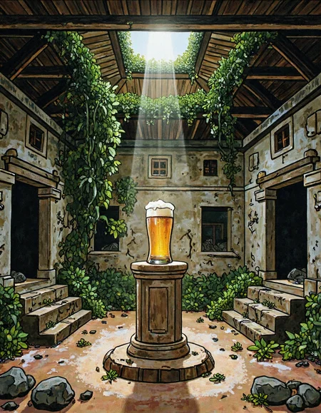 (painting in style of Josef Lada.) 
Abandoned ancient Mayan temple with pedestal in the center of the temple. There is a small golden status in a shape of beer pint glass placed on the pedestal.The sunshine shining to the pedestal from hole above in roof. The rainforest covers part of the temple.
<lora:joseflada:0.9>